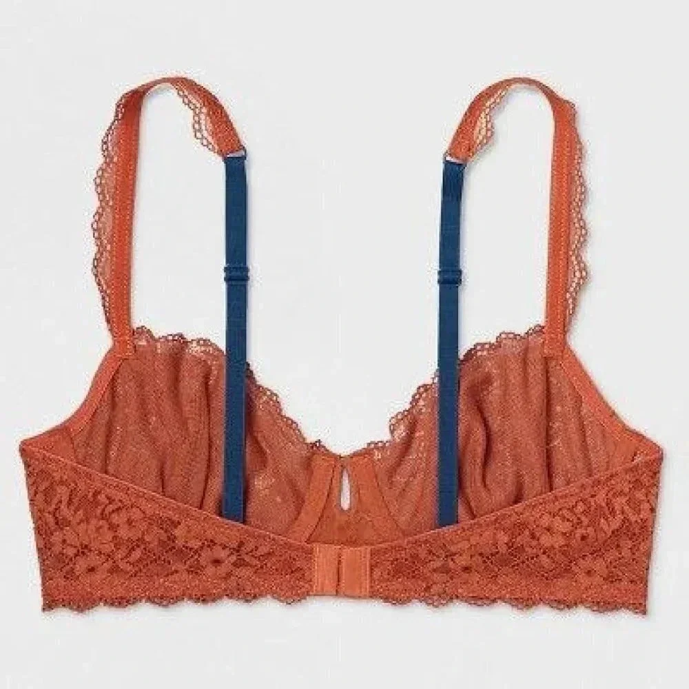 34D Gilligan O'Malley Unlined Semi Sheer Lace Balconette UW Bra Orange Penny NWT